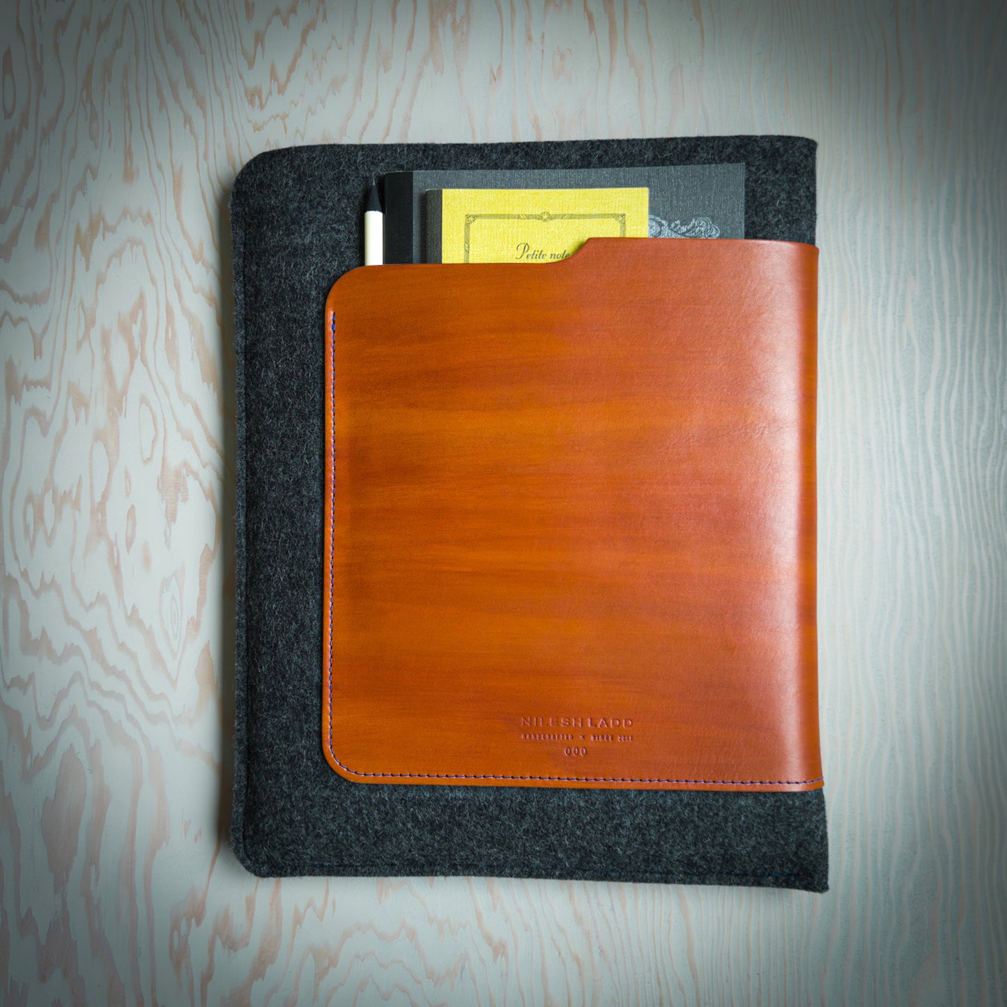 iPad Pro Sleeve in Cognac Leather and Wool Felt Handmade in Canada