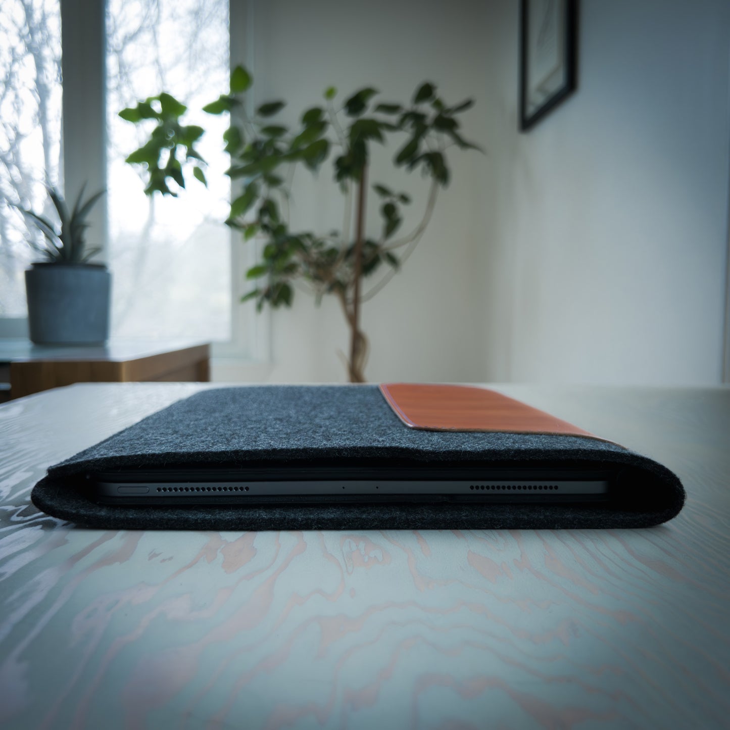 iPad Pro Sleeve in Cognac Leather and Wool Felt Handmade in Canada