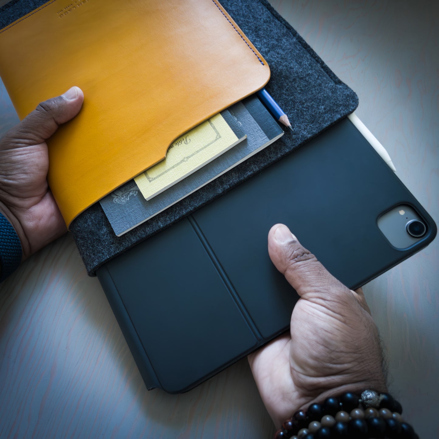 iPad Pro Sleeve in Yellow Leather and Wool Felt Handmade in Canada